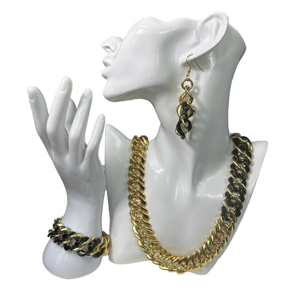 Gold And Black Tone Ultra‎ Light Weight Chunky Curb Chain Jewelry Set